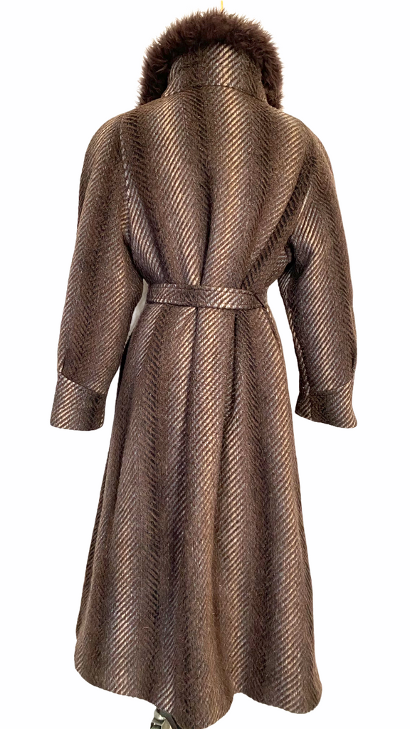 Women's size Tall Large/XL 1980's Brown wool Herringbone w/ fur collar winter trench coat with shoulder pads by designer Baruch