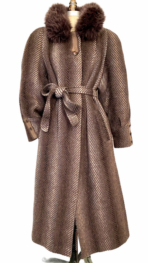 Women's size Tall Large/XL 1980's Brown wool Herringbone w/ fur collar winter trench coat with shoulder pads by designer Baruch 
